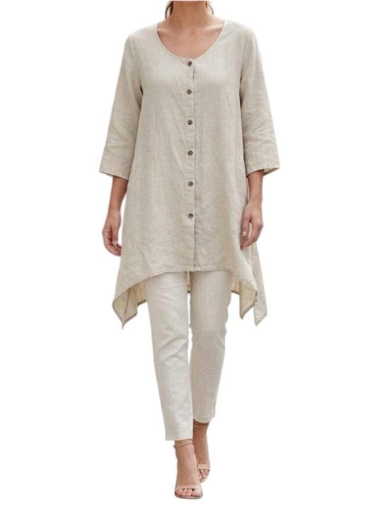 Click Tops - Click By Colour Me Cotton 100% Linen Button Down Tunic Top Beige XL Lagenlook